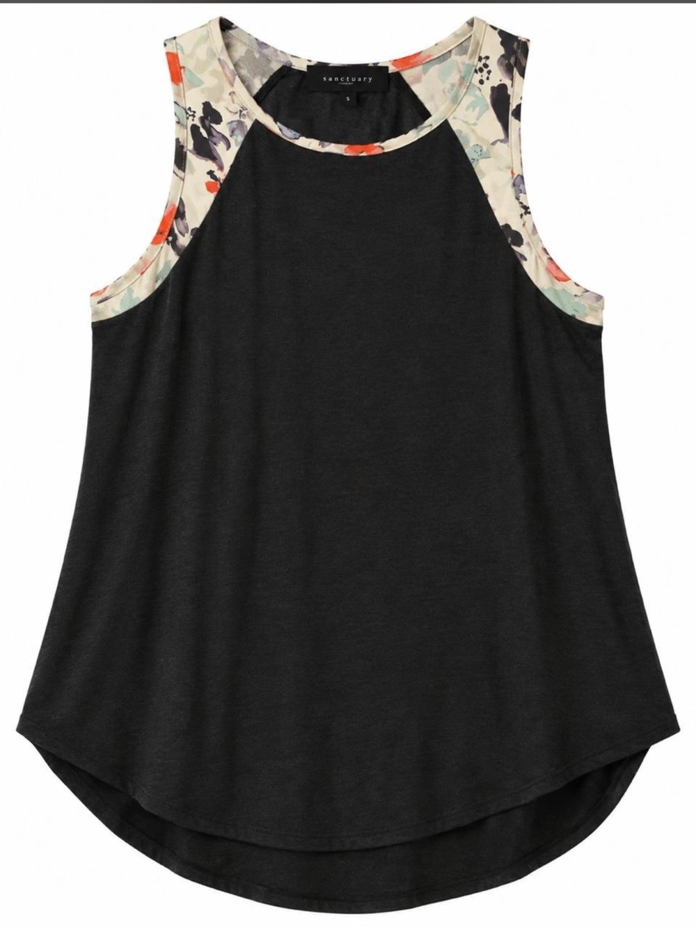 Sanctuary Black Tank with Floral-Trimmed Neckline